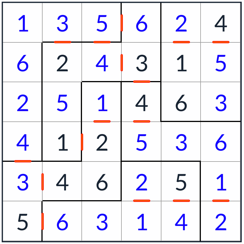 Irregular Consecutive Sudoku 6x6 solution