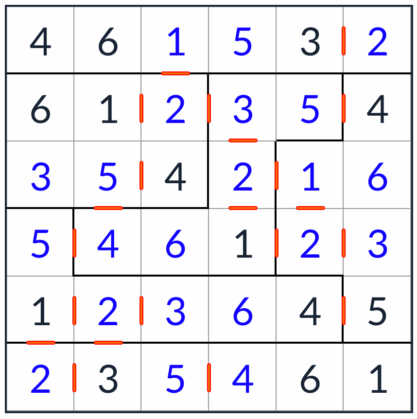 Anti-Knight Irregular Consecutive Sudoku 6x6 solution