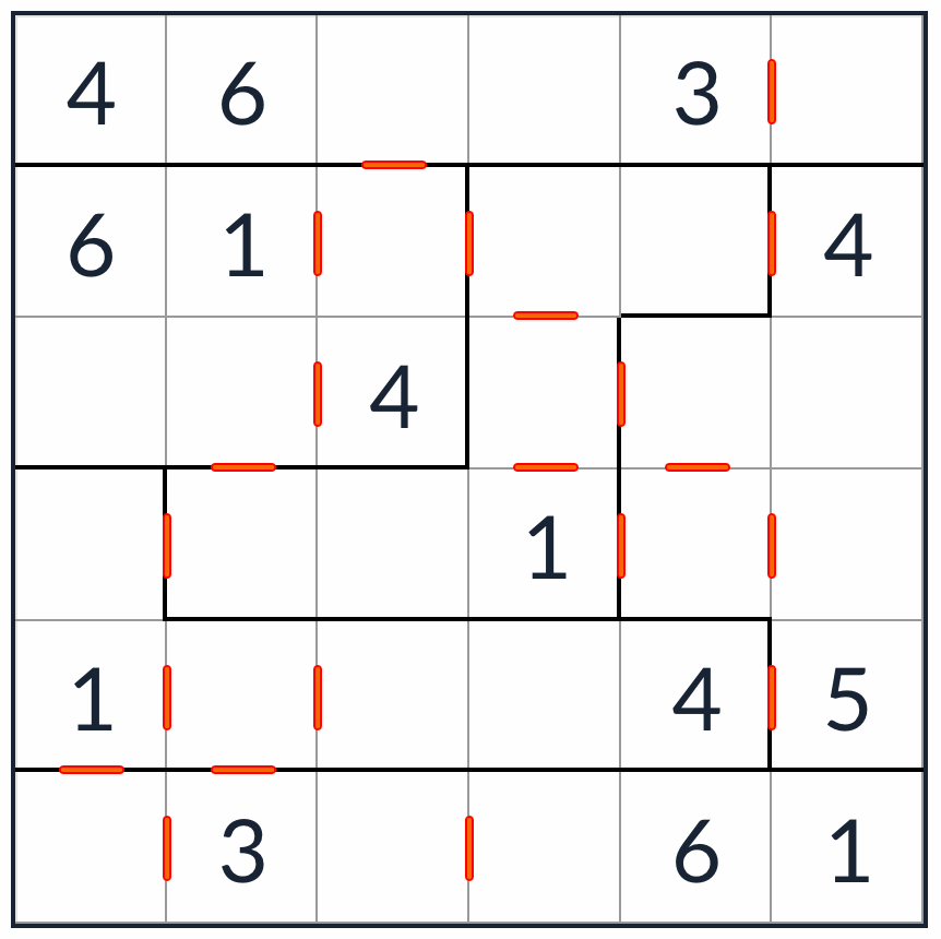 Anti-Knight Irregular Consecutive Sudoku 6x6 puzzle