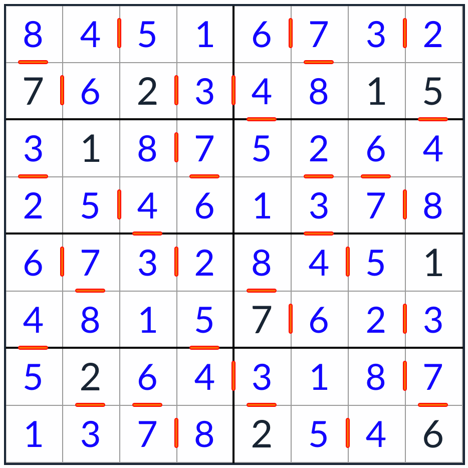 Anti-King-Knight Consecutive Sudoku 8x8 solution