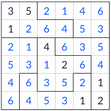 Anti-Knight Jigsaw Sudoku 6x6 solution