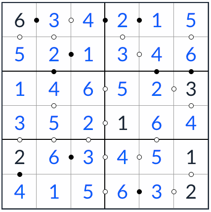 Anti-King Kropki Sudoku 6x6 solution
