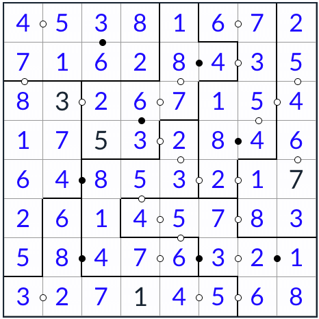 Irregular Kropki Sudoku 8x8 solution