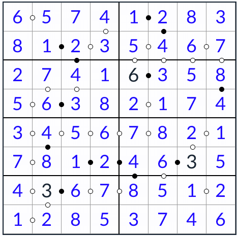 Anti-King Kropki Sudoku 8x8 solution