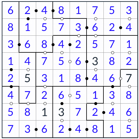 Anti-King Irregular Kropki Sudoku 8x8 solution