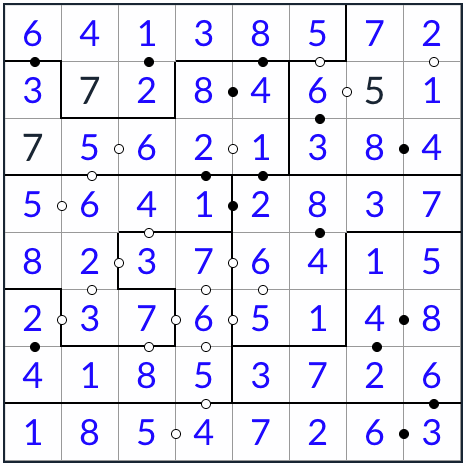 Anti-Knight Irregular Kropki Sudoku 8x8 solution
