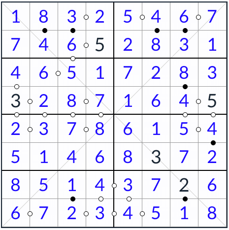 Anti-Knight Diagonal Kropki Sudoku solution