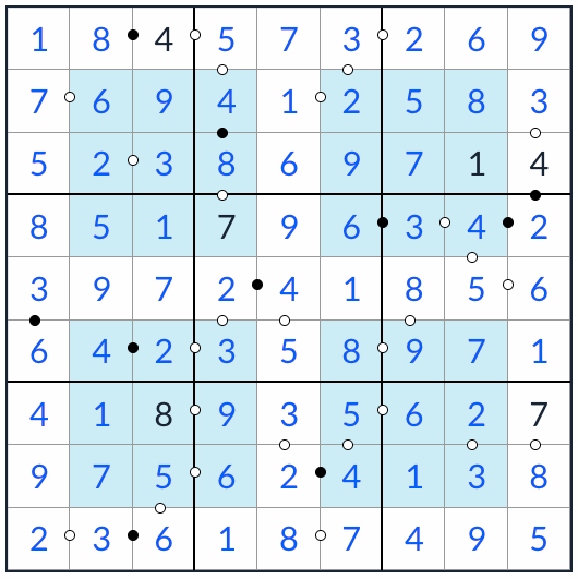 Anti-Knight Hyper Kropki Sudoku solution