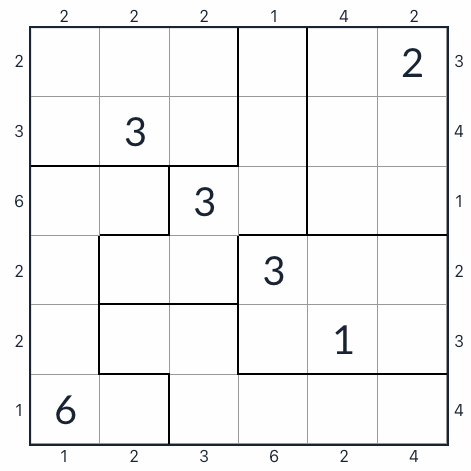 Anti-Knight Irregular Skyscraper Sudoku 6x6