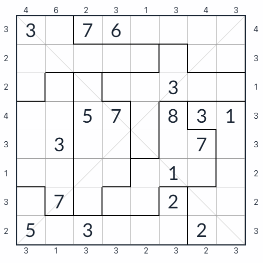 Irregular Diagonal Skyscraper Sudoku 8x8